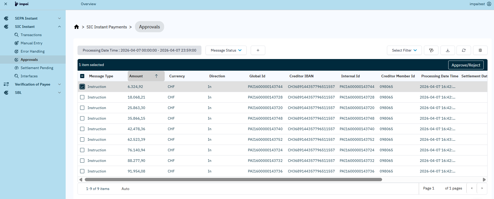 Approvals Screen