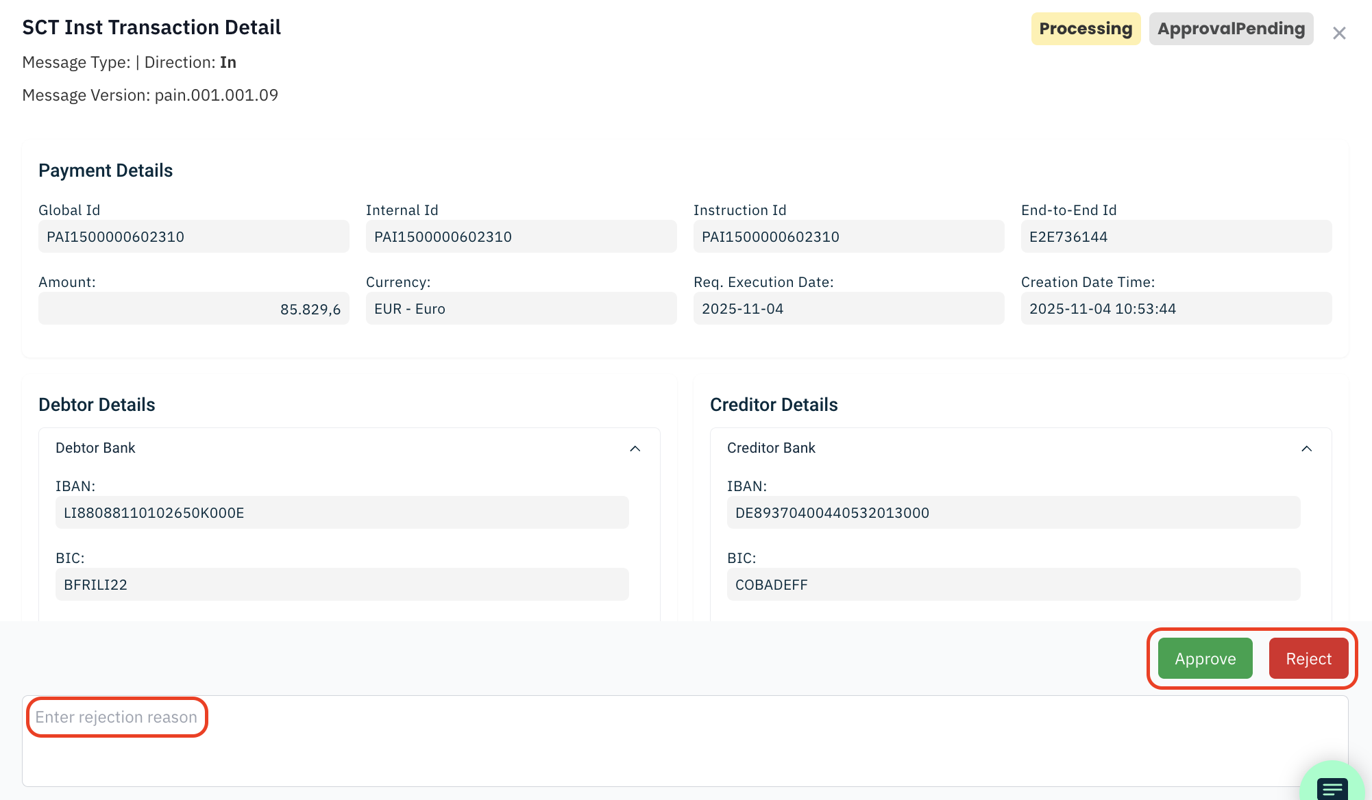Approval Reject screen