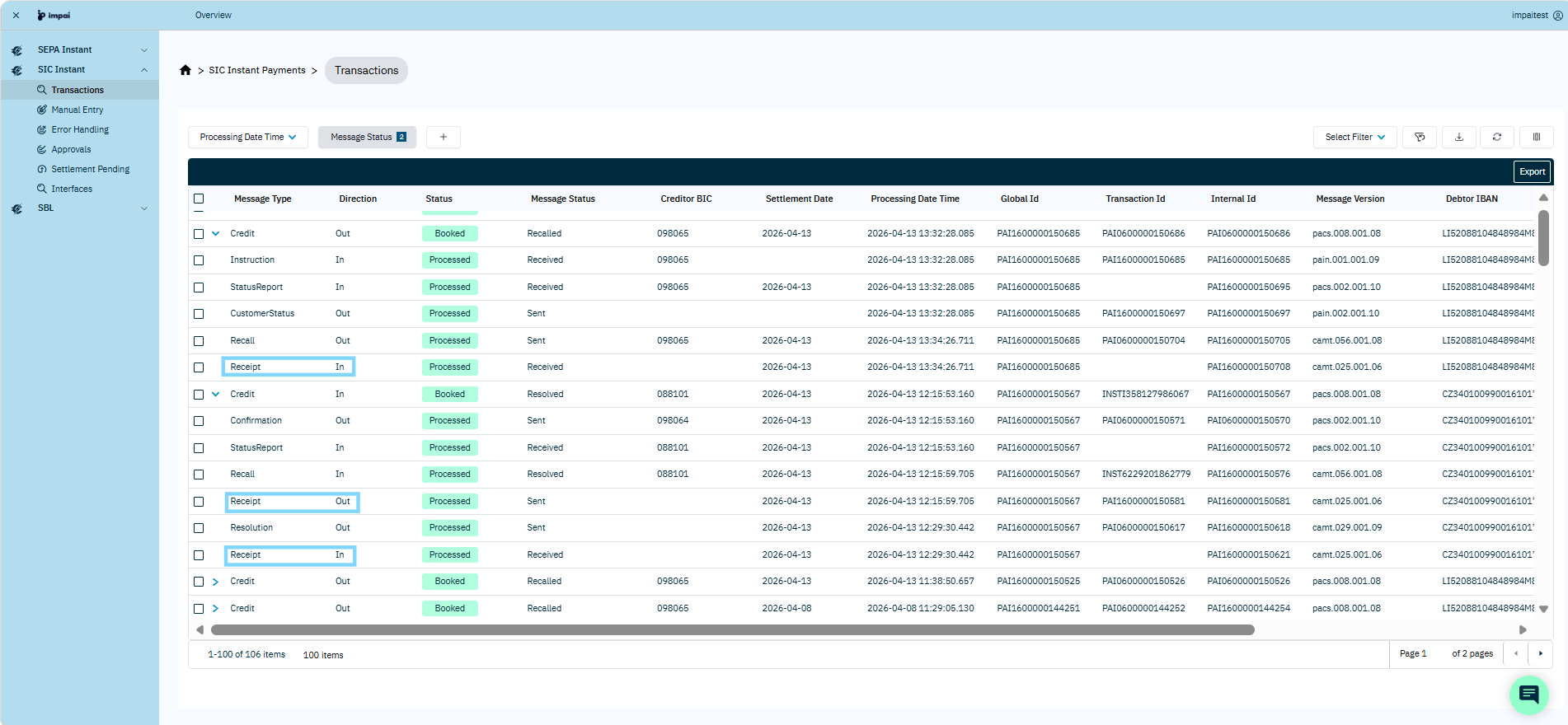 Receipts in Transaction Table